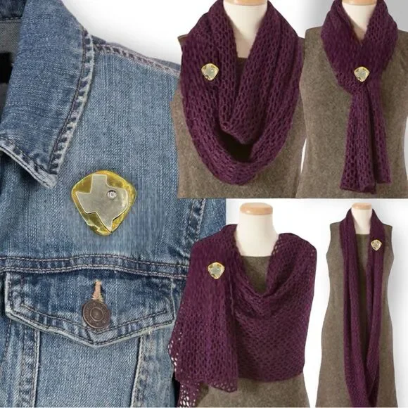 Handcrafted Silver Tone Texas Clear Glass Stud on Hammered Brass Brooch - Picture 2 of 16